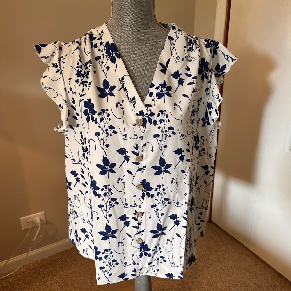 Floral Ruffle Sleeve Button-Up Top - White and Blue